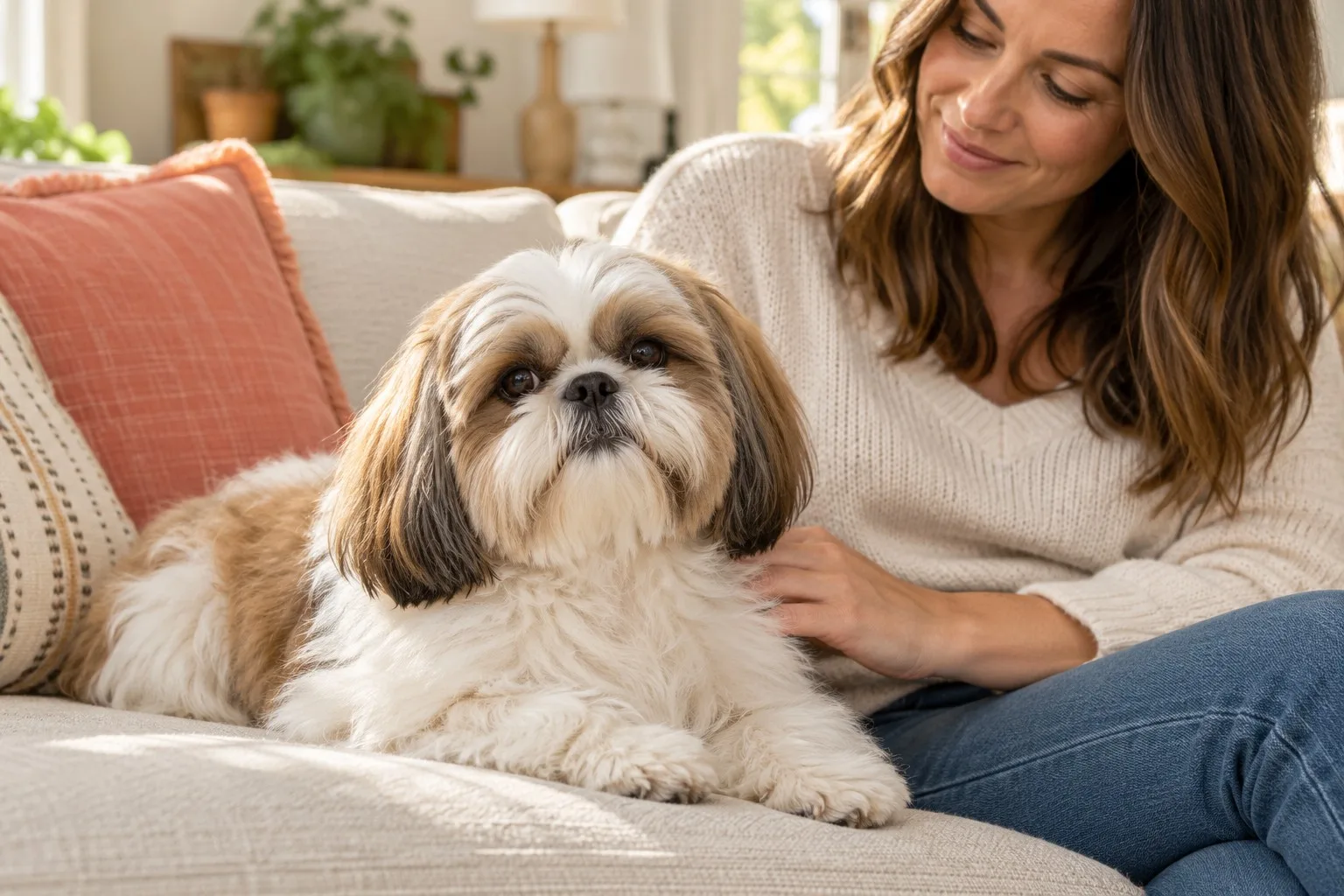 Shih Tzu resting on a sofa beside an owner